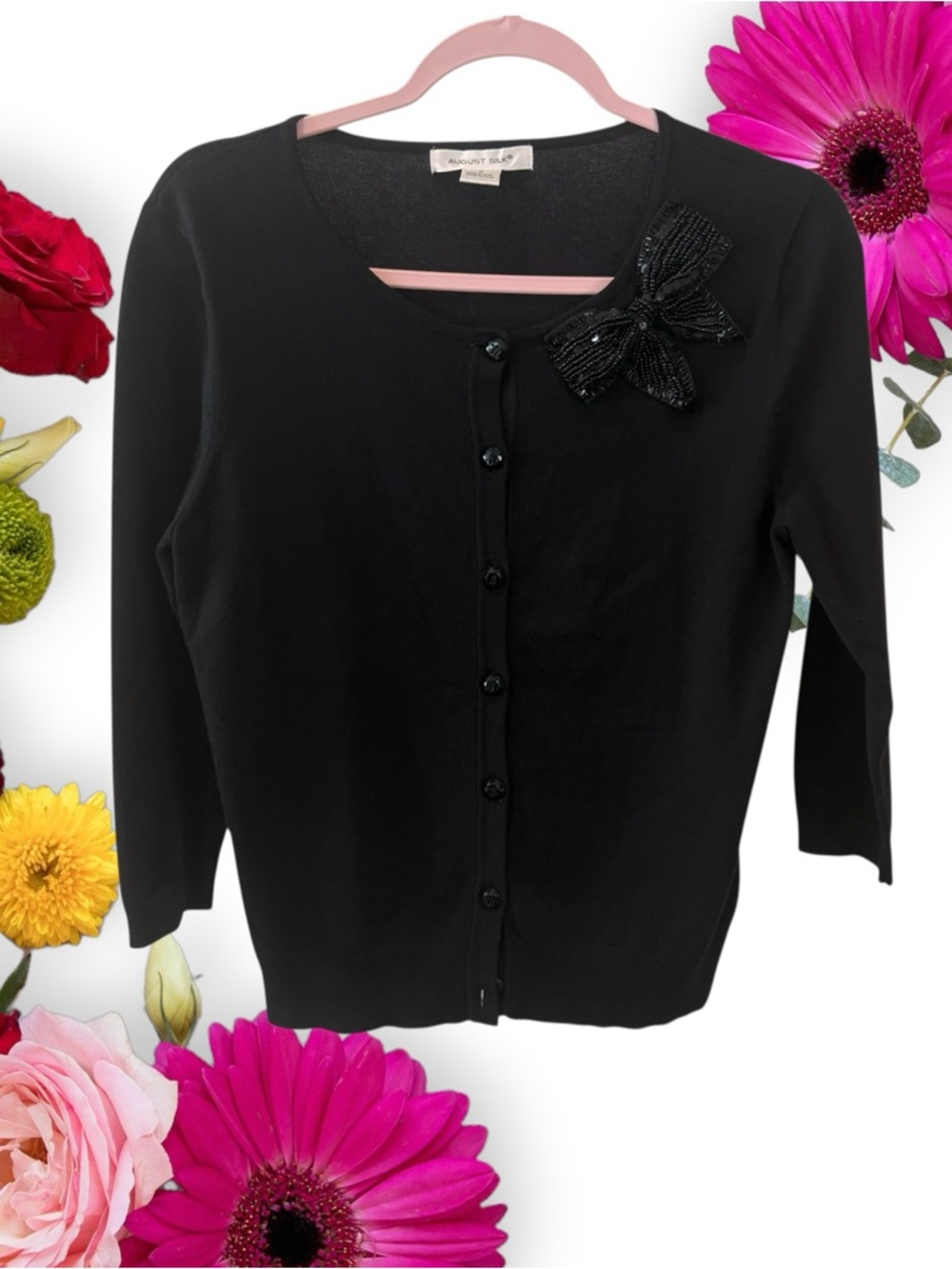 august silk Black Button-Front Cardigan with Beaded Bow Accent